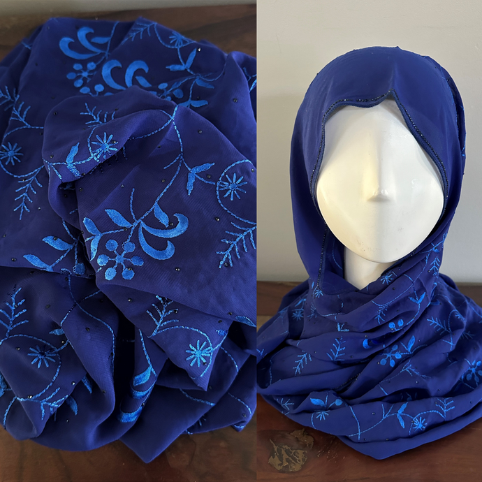 Embroidered Chiffon Scarves - Cobalt Blue