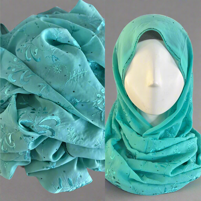 Embroidered Chiffon Scarves- Seafoam Aqua