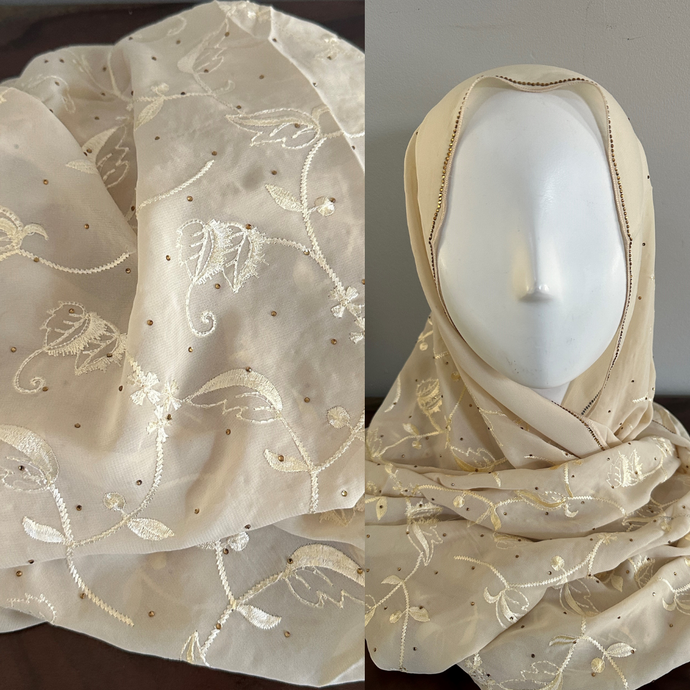 Embroidered Chiffon Scarves - Cream