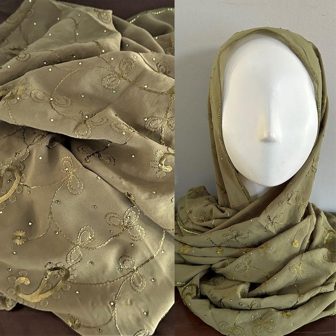 Embroidered Chiffon Scarves- Olive Green